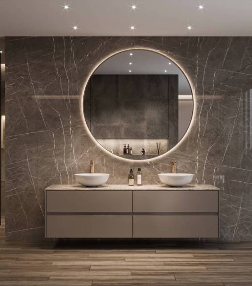 Modern bathroom hotel room interior with shower cabins. Large mirror, sinks, marble wall and showers in the background. Render.