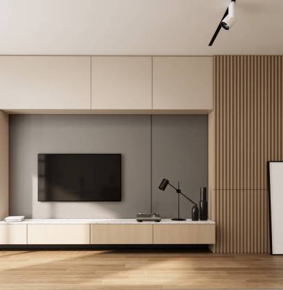 Modern empty interior, scandinavian apartment ideas, blank room with tv wood shelf and parquet floor. 3d rendering