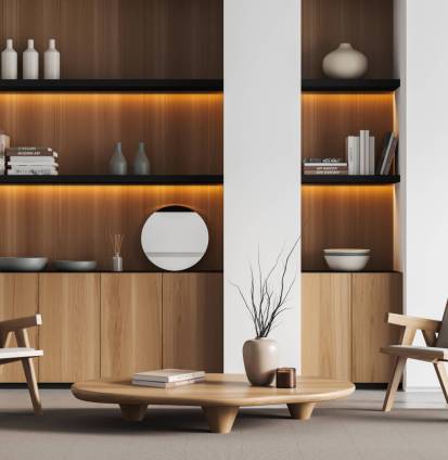 Front view on bright living room interior with armchairs, shelves Front view on bright living room interior with armchairs, coffee table, concrete floor, carpet, shelves with books and crockery, round mirror. Concept of minimalist design, modern art. 3d rendering